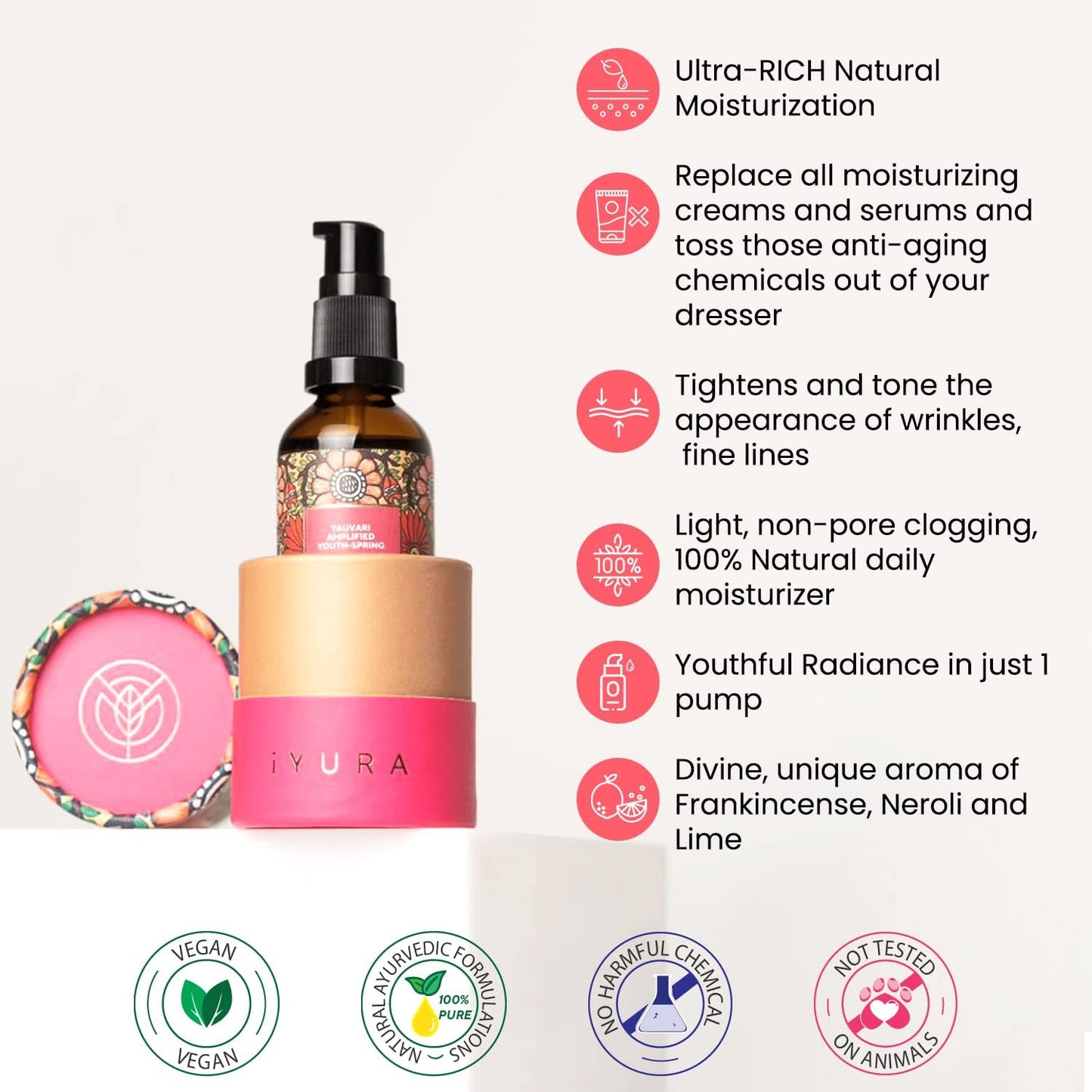 iYURA Yauvari Amplified Youth Spring—Face & Neck Moisturizer for Dry to Very Dry/Mature Skin | Firms the Look of Cheeks, Jowls & Neck | Pro-Aging, Natural Face Oil with Black Gram | 1.69 fl oz (50 ml)