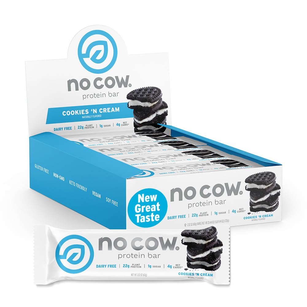 No Cow Vegan Protein Bars, Upgraded Chocolate Fudge Brownie | 20g Plant Based Protein, Gluten Free, Dairy Free, Soy Free, Keto Friendly, Low Sugar, High Fiber Snack Bars | Pack of 12