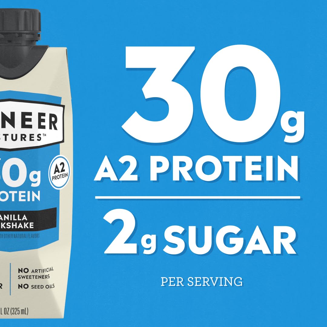 Pioneer Pastures High Protein A2 Milkshakes, Vanilla, 11oz, 12 Pack | A2 Protein Shake, 30g Protein, Ultra-Filtered, Lactose Free, 2g Sugar, No Seed Oils, No Artificial Sweeteners