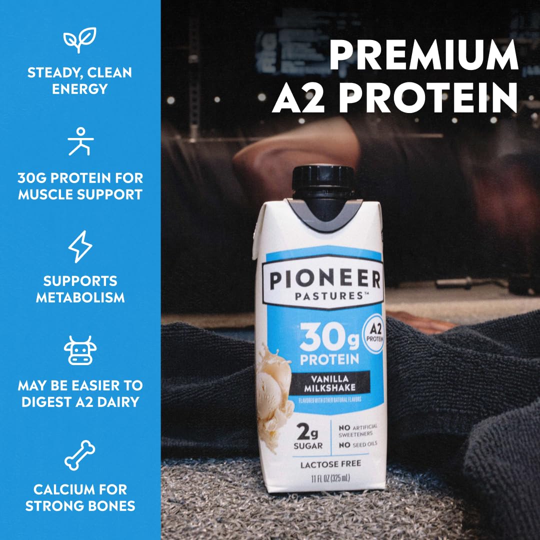 Pioneer Pastures High Protein A2 Milkshakes, Vanilla, 11oz, 12 Pack | A2 Protein Shake, 30g Protein, Ultra-Filtered, Lactose Free, 2g Sugar, No Seed Oils, No Artificial Sweeteners