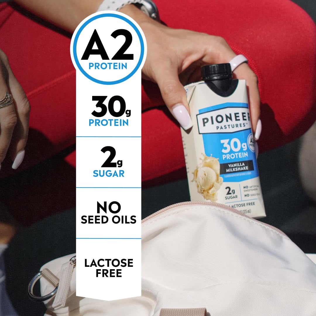 Pioneer Pastures High Protein A2 Milkshakes, Vanilla, 11oz, 12 Pack | A2 Protein Shake, 30g Protein, Ultra-Filtered, Lactose Free, 2g Sugar, No Seed Oils, No Artificial Sweeteners