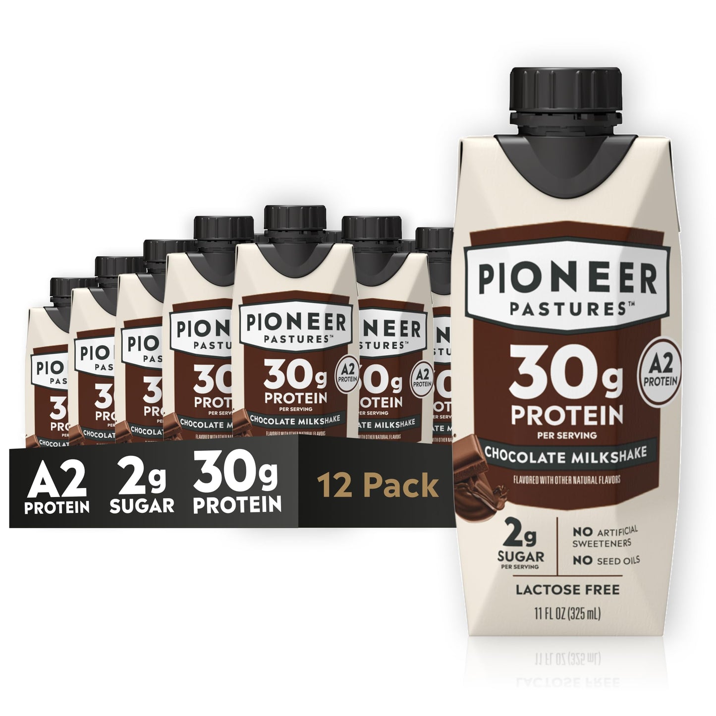 Pioneer Pastures High Protein A2 Milkshakes, Vanilla, 11oz, 12 Pack | A2 Protein Shake, 30g Protein, Ultra-Filtered, Lactose Free, 2g Sugar, No Seed Oils, No Artificial Sweeteners