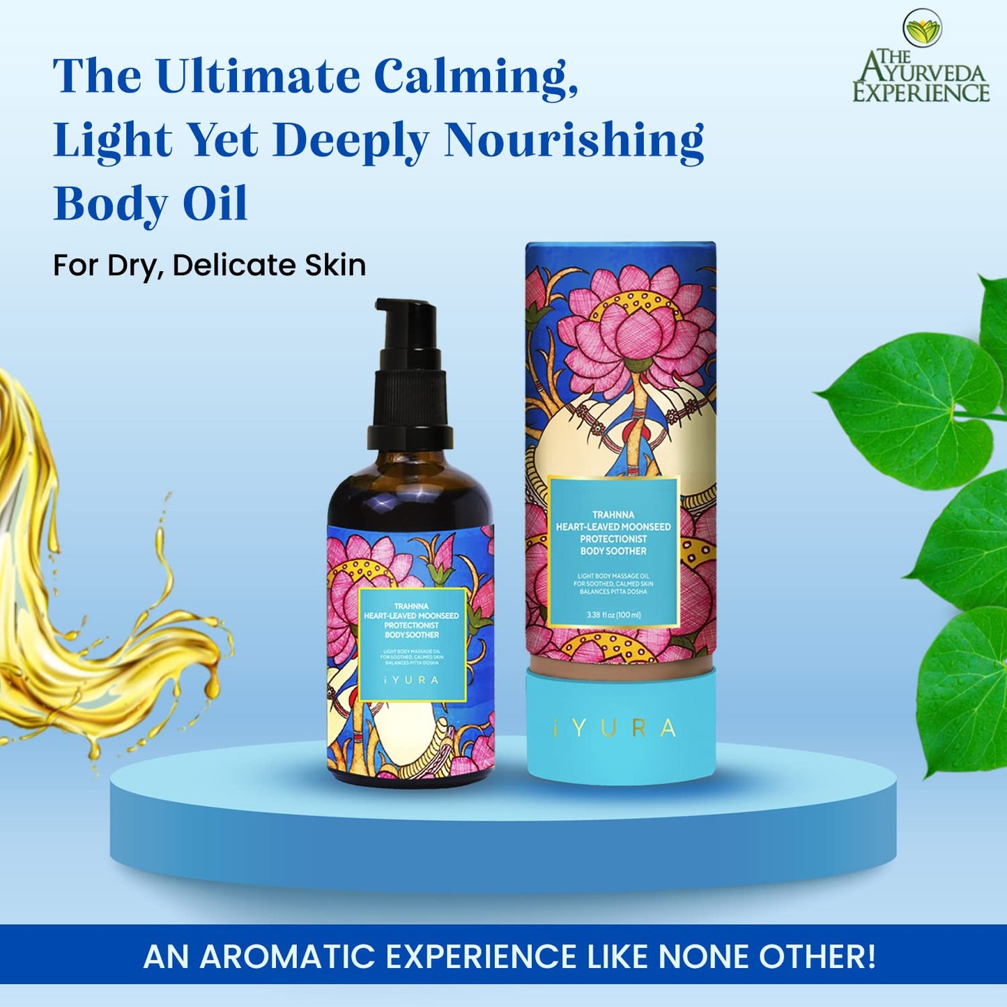 The Ayurveda Experience iYURA Trahnna Heart-Leaved Moonseed Body Oil- Serenely Aromatic Body Oil for Dry, Sensitive Skin, 3.38 fl oz