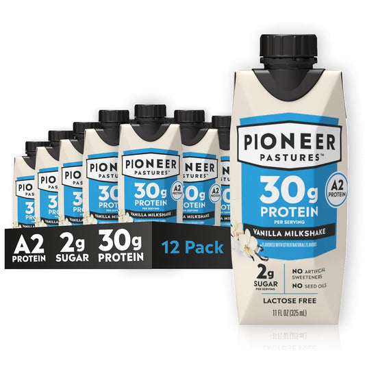 Pioneer Pastures High Protein A2 Milkshakes, Vanilla, 11oz, 12 Pack | A2 Protein Shake, 30g Protein, Ultra-Filtered, Lactose Free, 2g Sugar, No Seed Oils, No Artificial Sweeteners