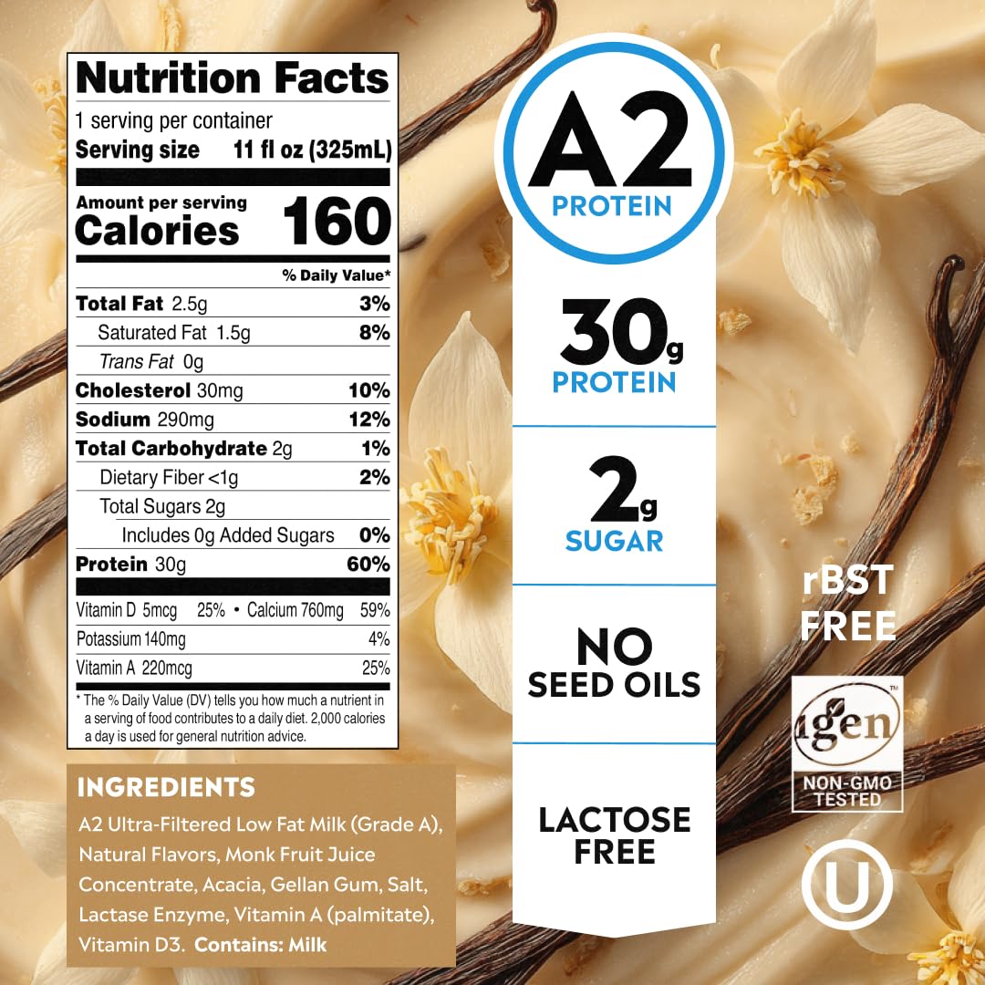 Pioneer Pastures High Protein A2 Milkshakes, Vanilla, 11oz, 12 Pack | A2 Protein Shake, 30g Protein, Ultra-Filtered, Lactose Free, 2g Sugar, No Seed Oils, No Artificial Sweeteners