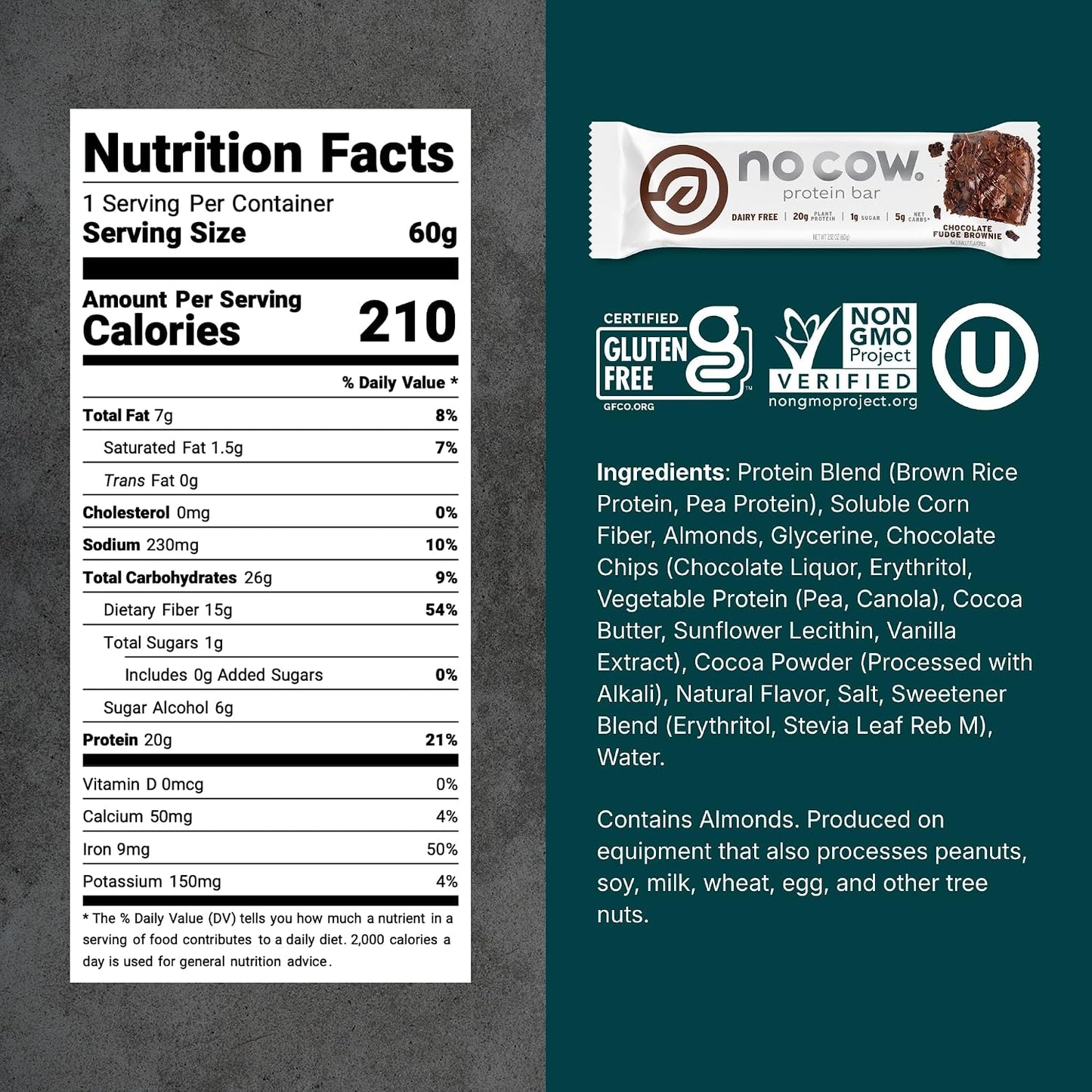 No Cow Vegan Protein Bars, Upgraded Chocolate Fudge Brownie | 20g Plant Based Protein, Gluten Free, Dairy Free, Soy Free, Keto Friendly, Low Sugar, High Fiber Snack Bars | Pack of 12