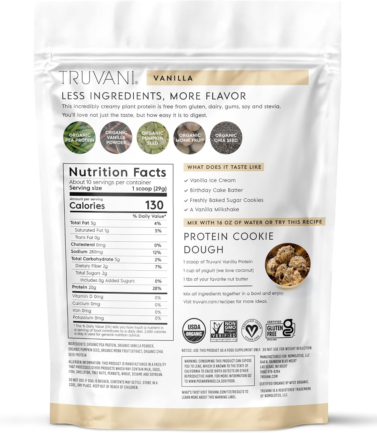 Truvani Organic Plant Based Protein Powder | Vanilla | 10 Servings | Vegan | 20g Pea Protein | Keto | Gluten & Dairy Free | Low Carb | No Added Sugar