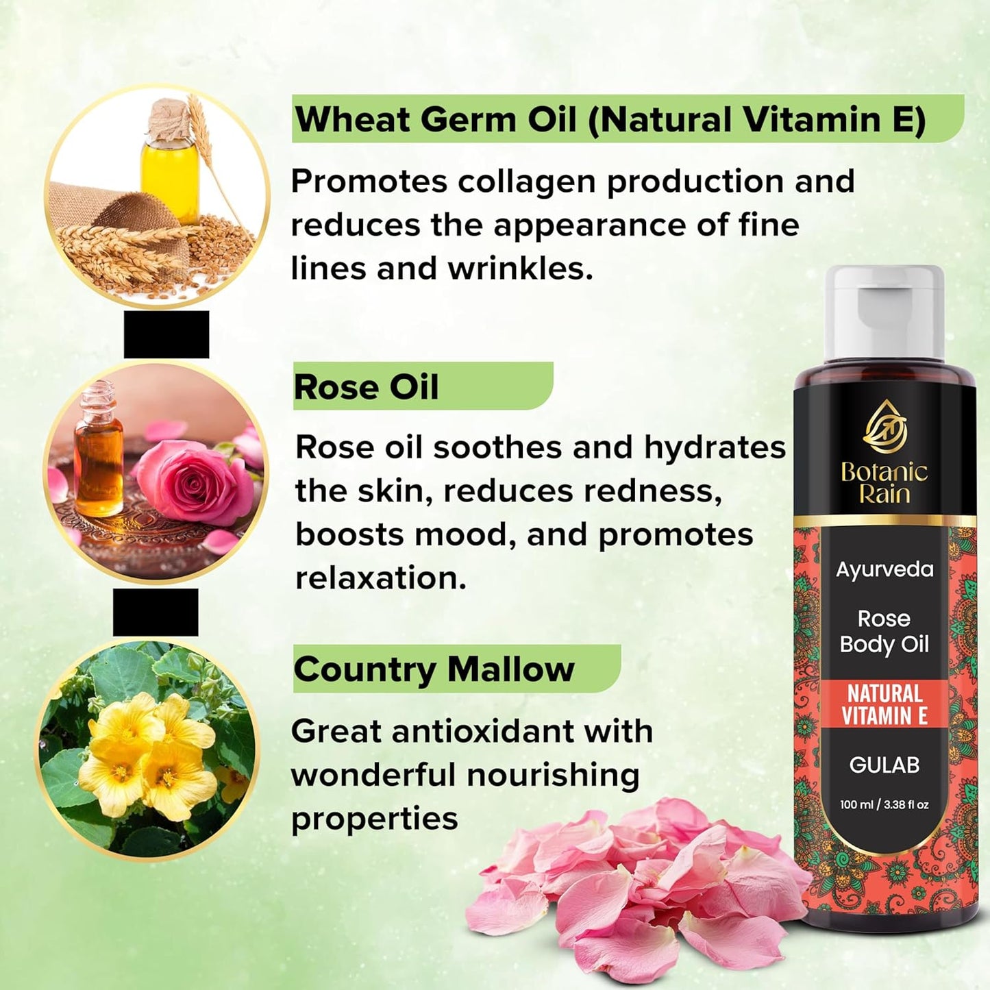 Ayurveda Rose Body Oil, Moisturizing & Hydrating Organic Vitamin E Oil, Body Oils for Women After Shower, Ayurveda Products for Crepey Skin Repair - 3.38 Fl Oz