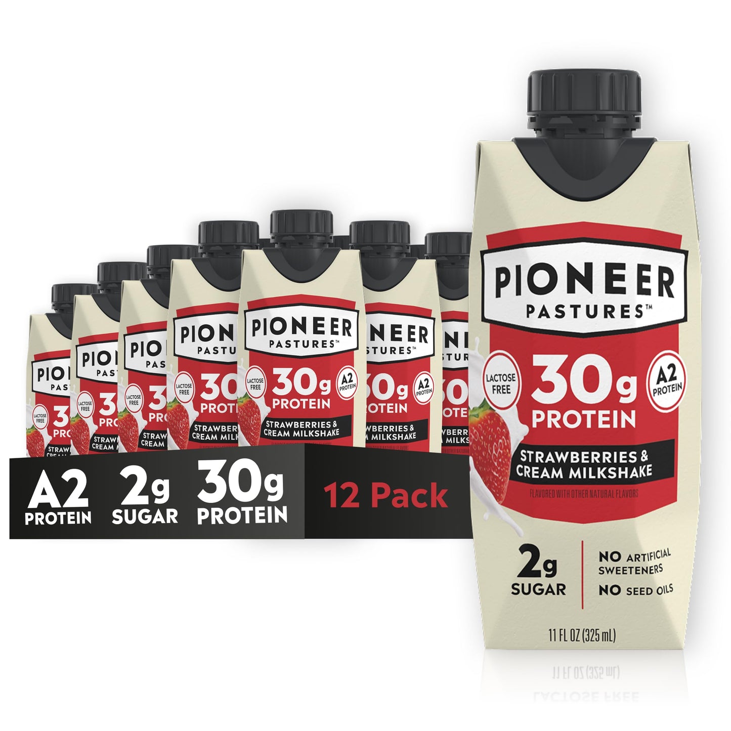 Pioneer Pastures High Protein A2 Milkshakes, Vanilla, 11oz, 12 Pack | A2 Protein Shake, 30g Protein, Ultra-Filtered, Lactose Free, 2g Sugar, No Seed Oils, No Artificial Sweeteners
